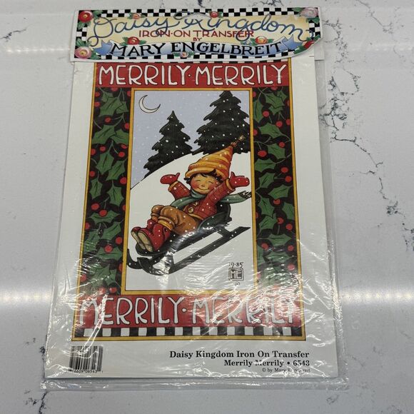 Mary Engelbreit Merrily Sledding Christmas Iron On Transfer #6543 ME 1990 NOS - Picture 2 of 12